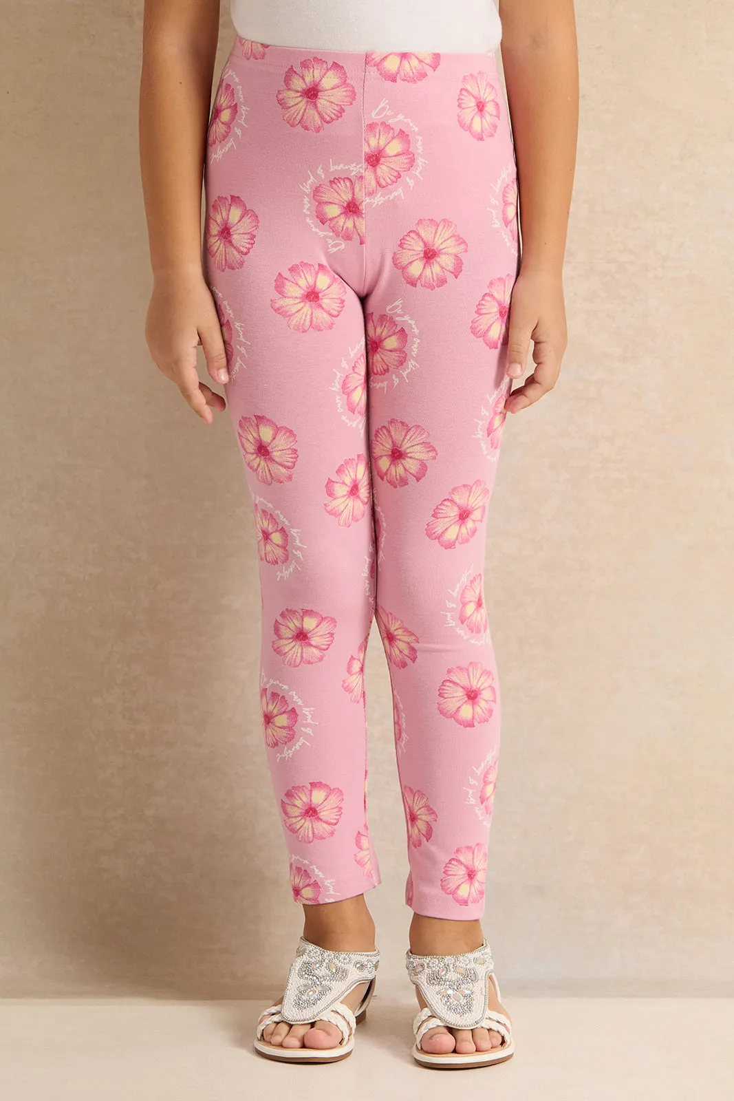 Girls Pink Flower Printed Leggings