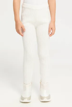 Girls White Cable Knit Leggings