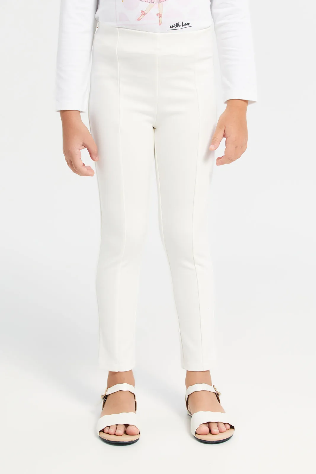 Girls White Paneled Leggings