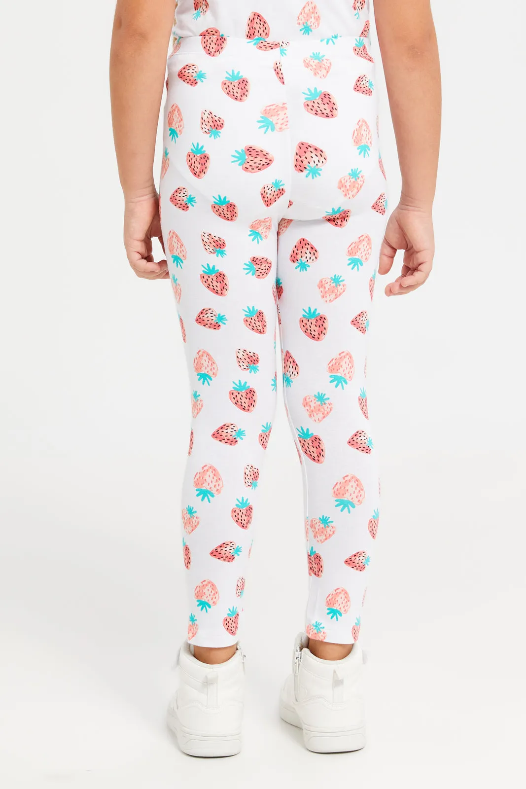 Girls White Strawberry Printed Leggings