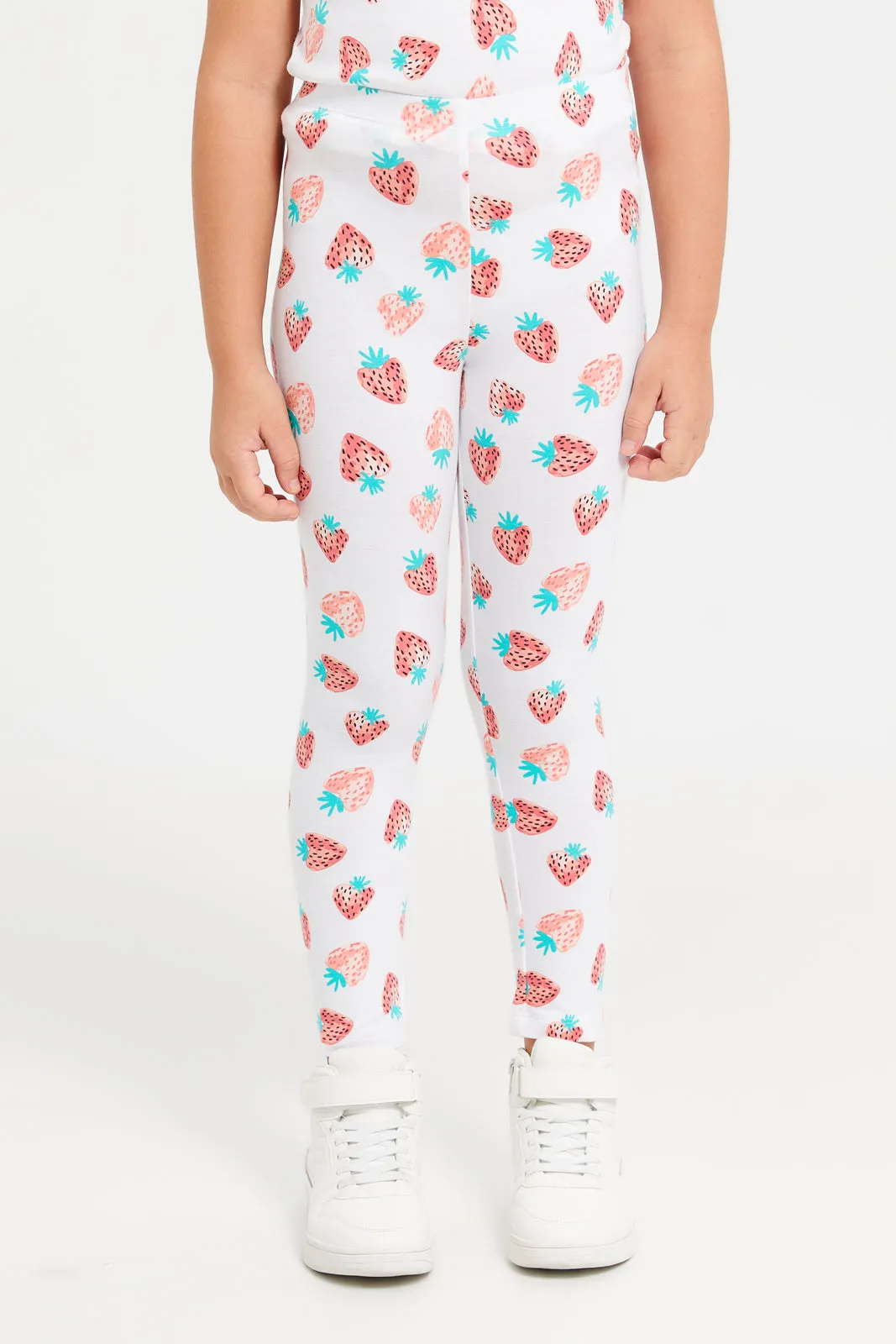 Girls White Strawberry Printed Leggings