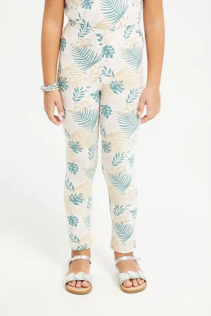 Girls White Tropical Leaf Print Leggings