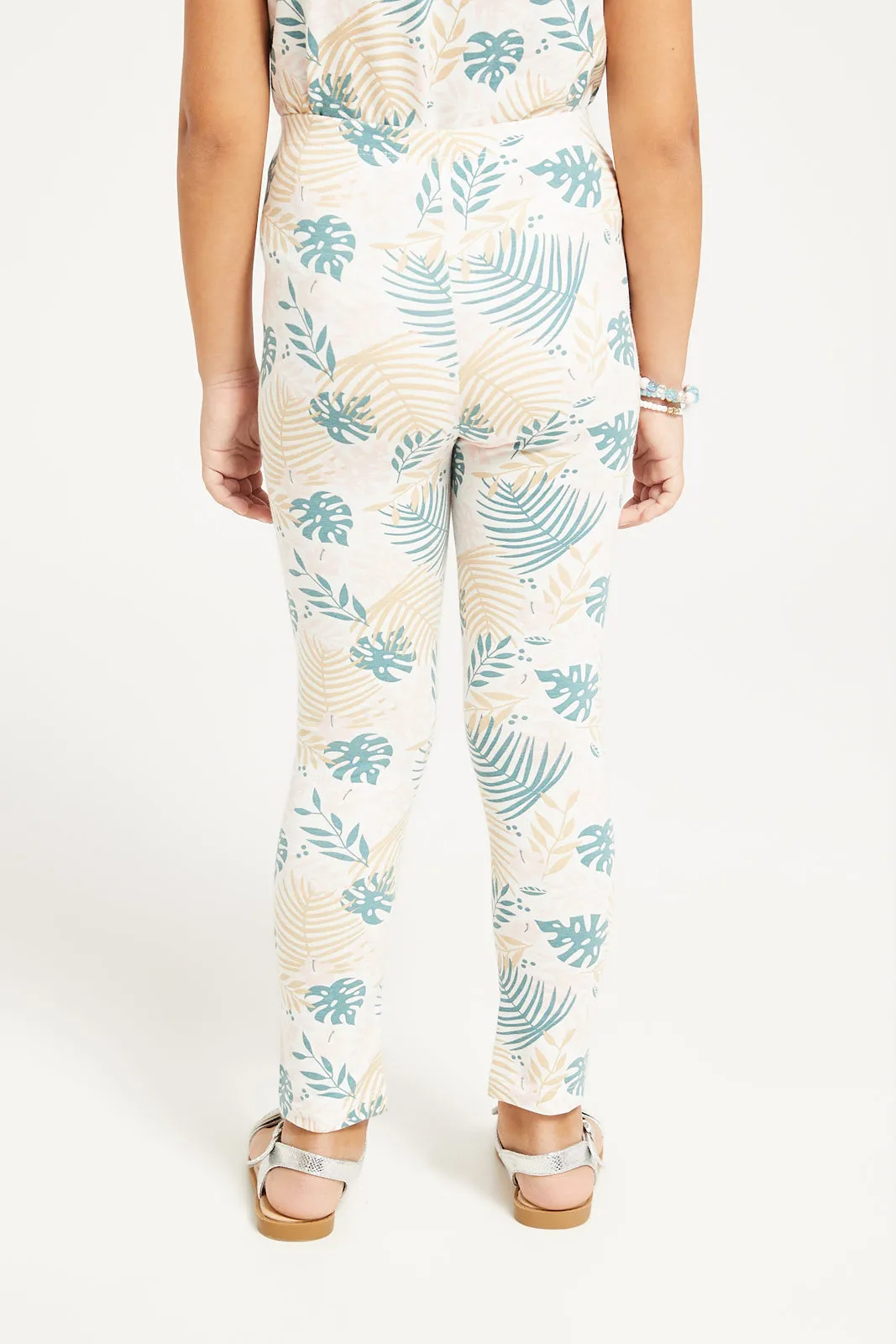 Girls White Tropical Leaf Print Leggings