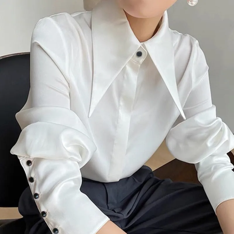 Graduation Gifts   Chic Vintage Women Blouse Elegant Single-breasted Satin Silk Women Shirt Autumn New White Casual Ladies Shirts Tops Blusas 16946