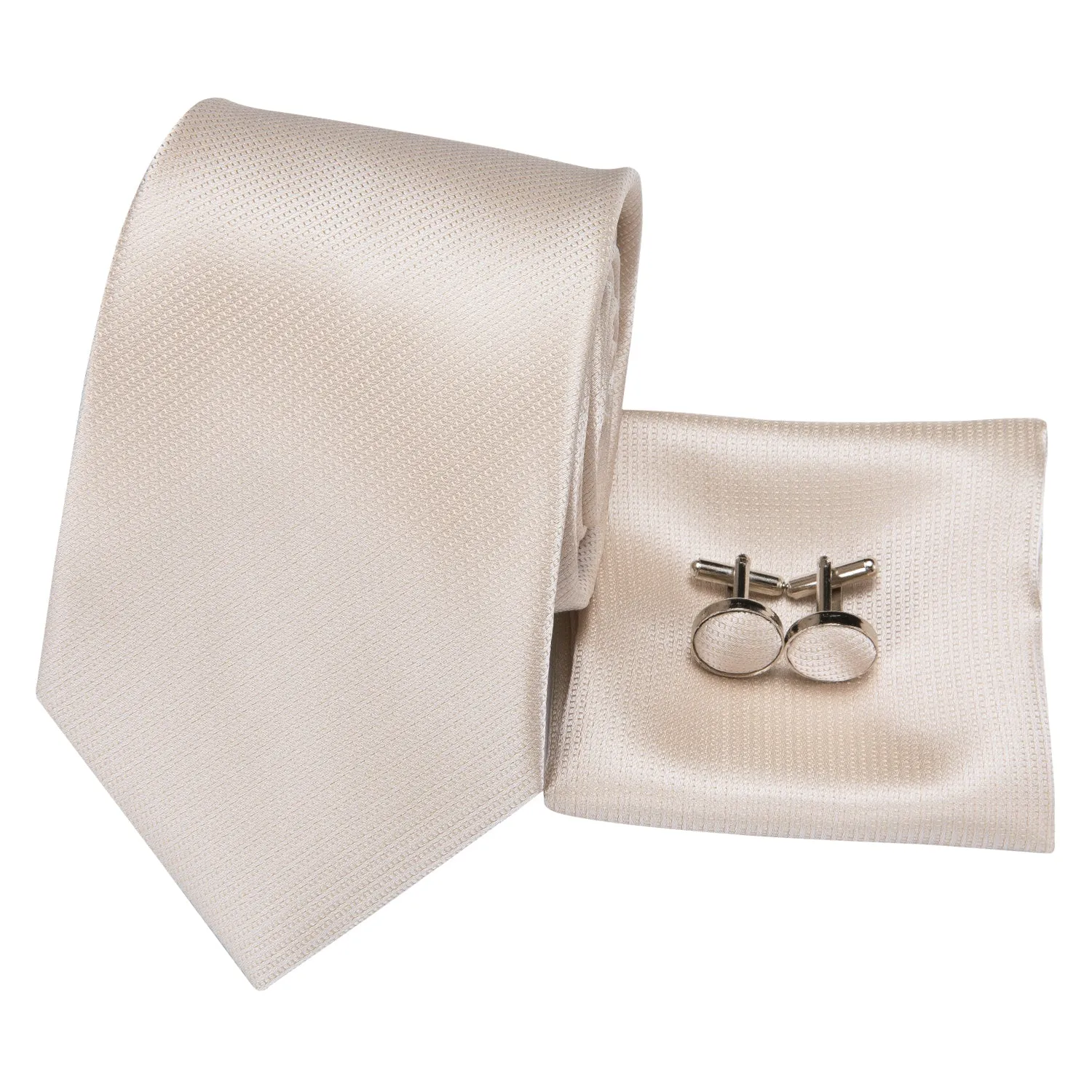 Hi-Tie Silk Ties Ivory Beige Solid Necktie Pocket Square Cufflinks Set