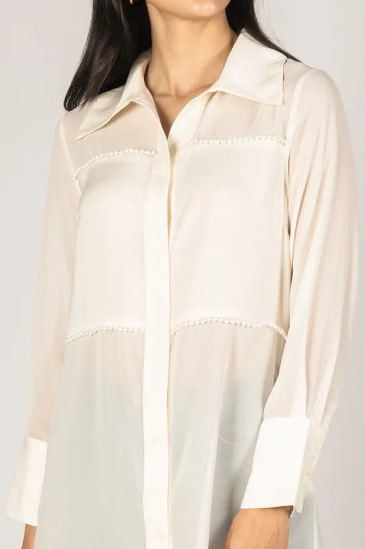 Hollis Pearl Embellished Satin Button Up Shirt Ivory