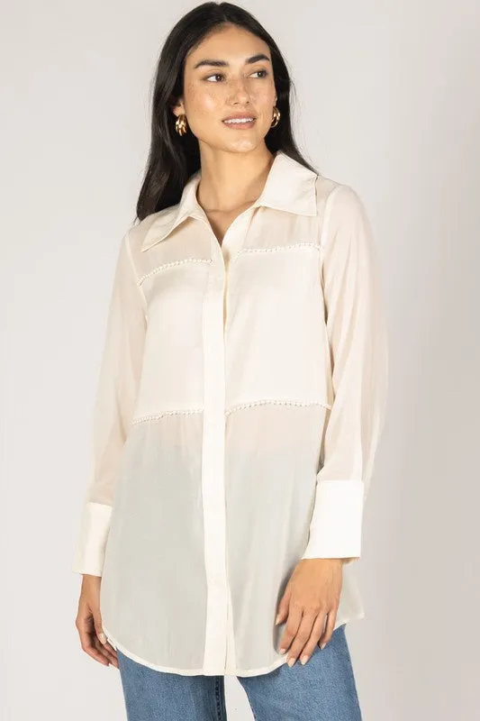 Hollis Pearl Embellished Satin Button Up Shirt Ivory