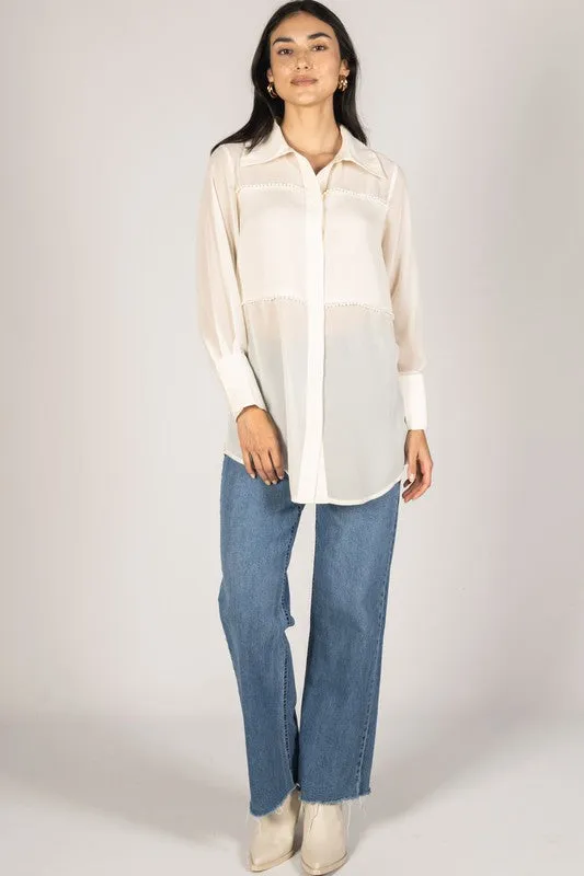 Hollis Pearl Embellished Satin Button Up Shirt Ivory