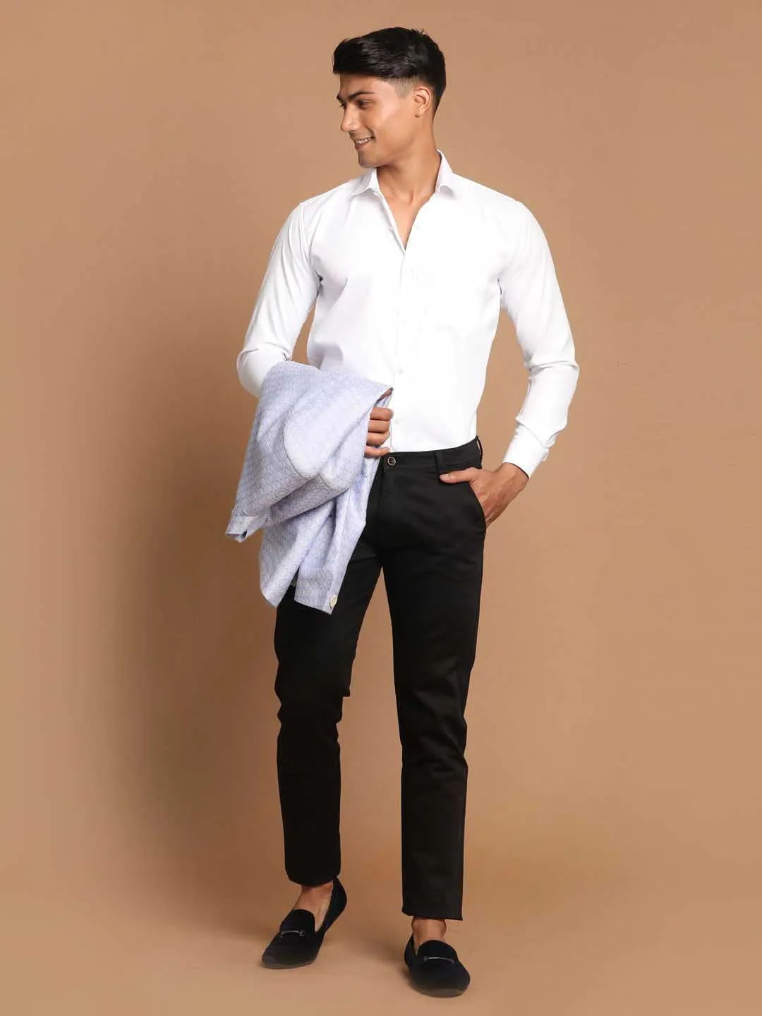 Jashvi Men's White Cotton Solid Shirt