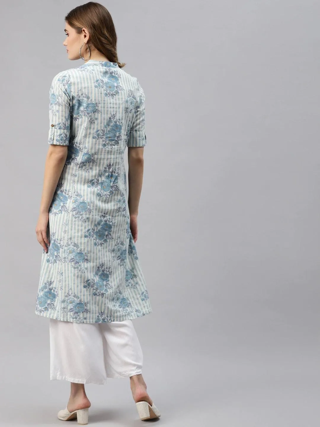 Jashvi Off White And Blue Floral Printed Cotton A-Line Kurta