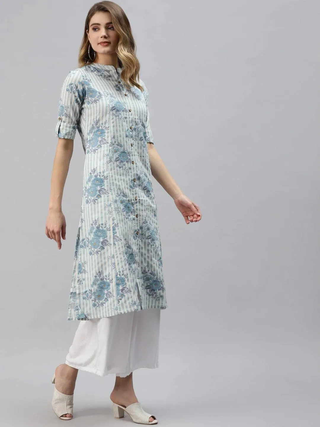 Jashvi Off White And Blue Floral Printed Cotton A-Line Kurta