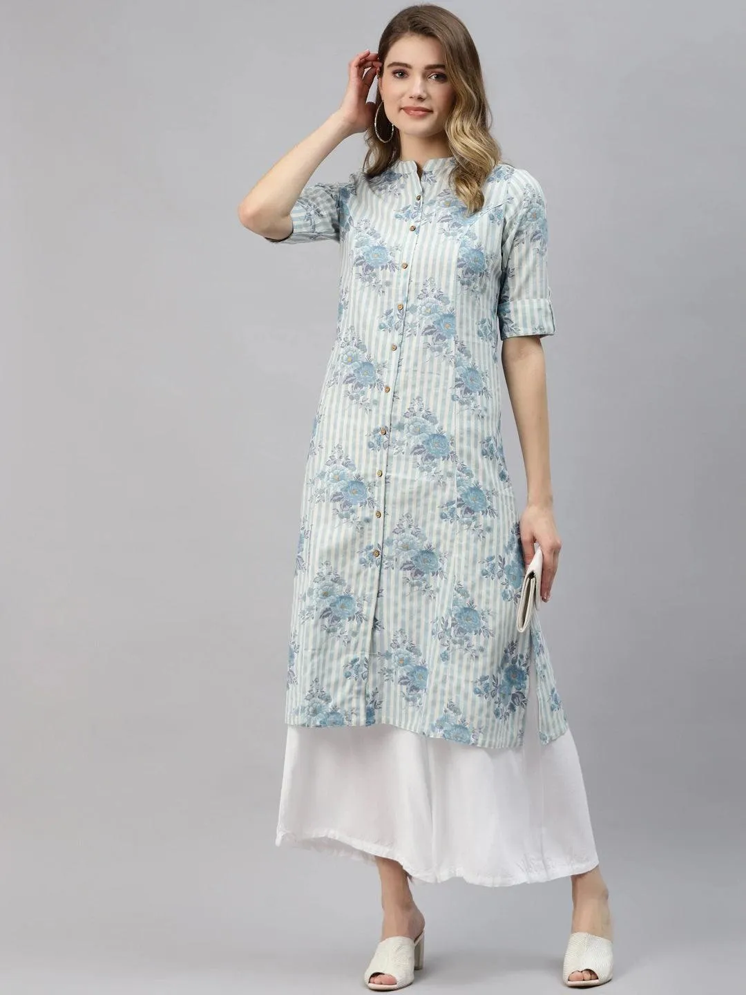 Jashvi Off White And Blue Floral Printed Cotton A-Line Kurta