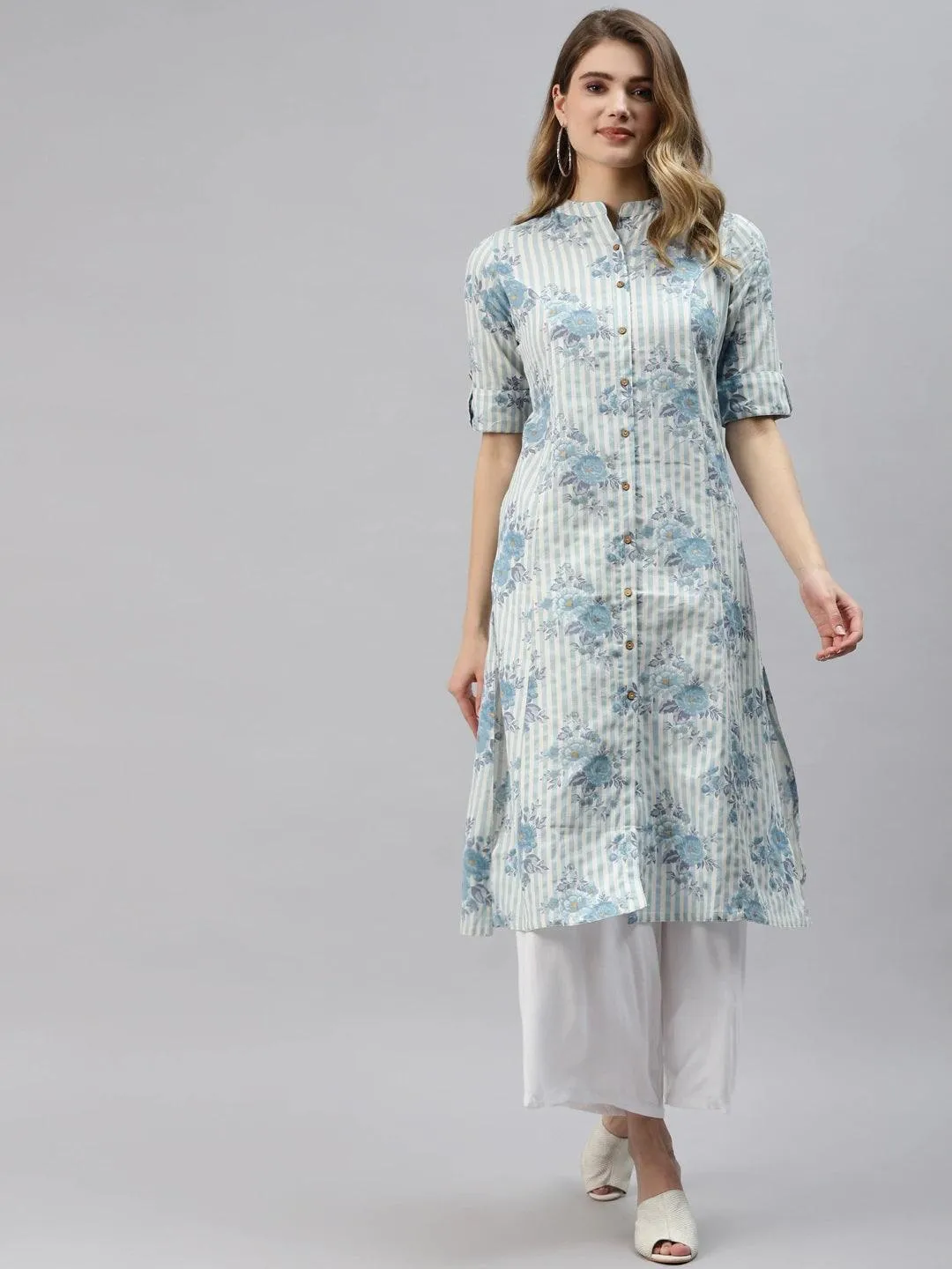 Jashvi Off White And Blue Floral Printed Cotton A-Line Kurta