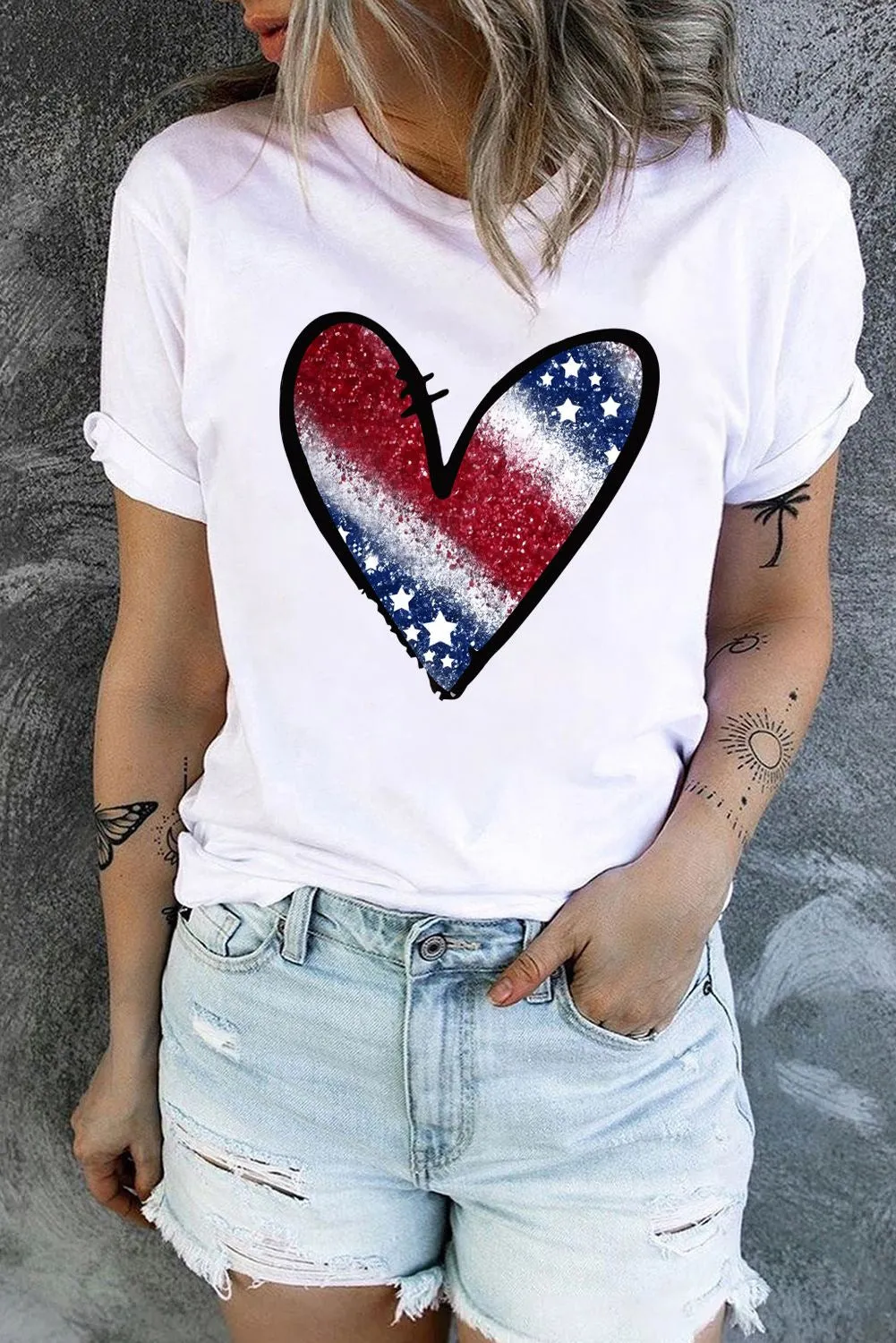 July 4th American Flag Heart Graphic T-Shirt Short Sleeve Casual Tee Tops