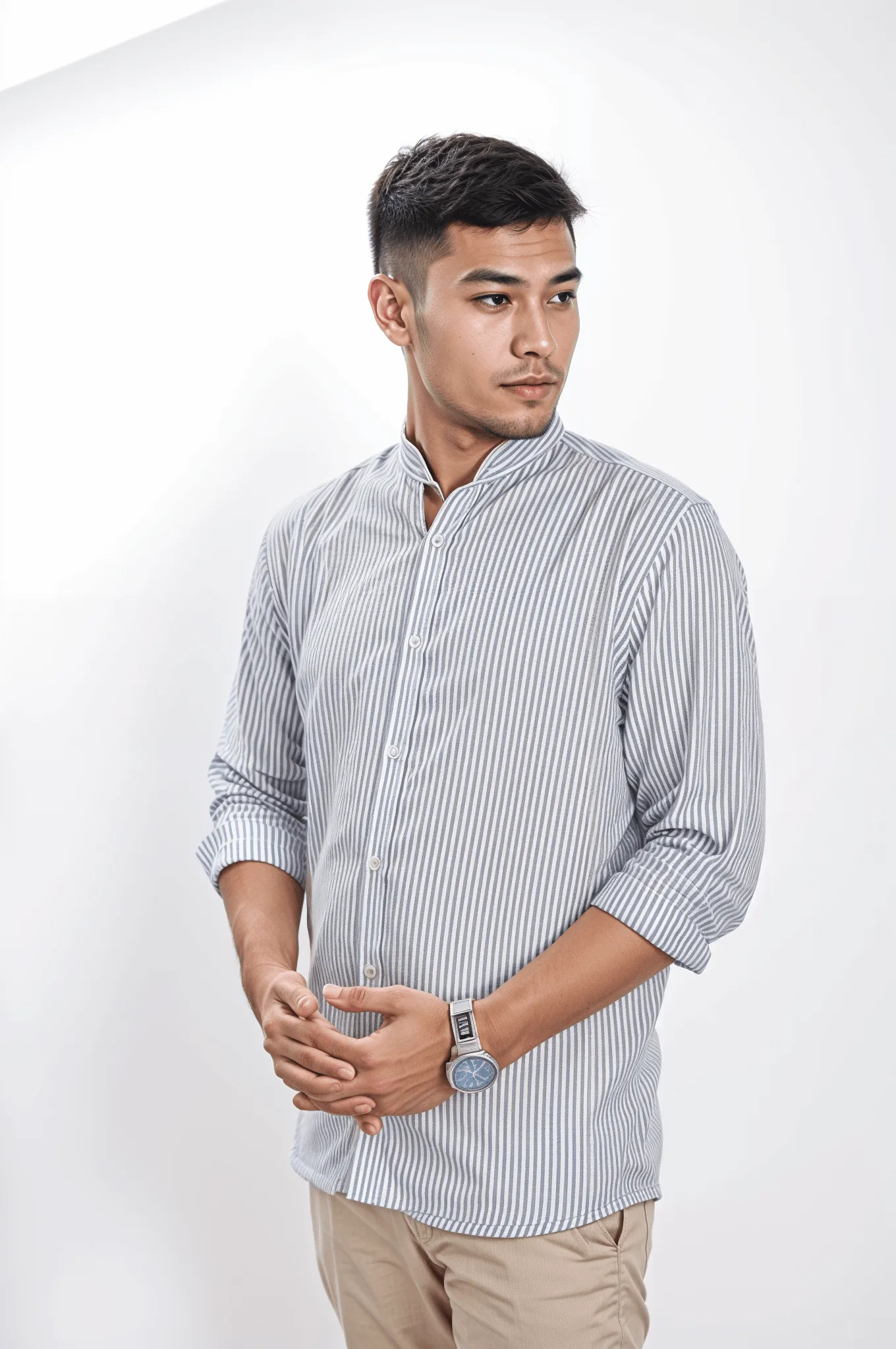 Men's Full Sleeve Casual Band Collar Shirt in Ash Stripe