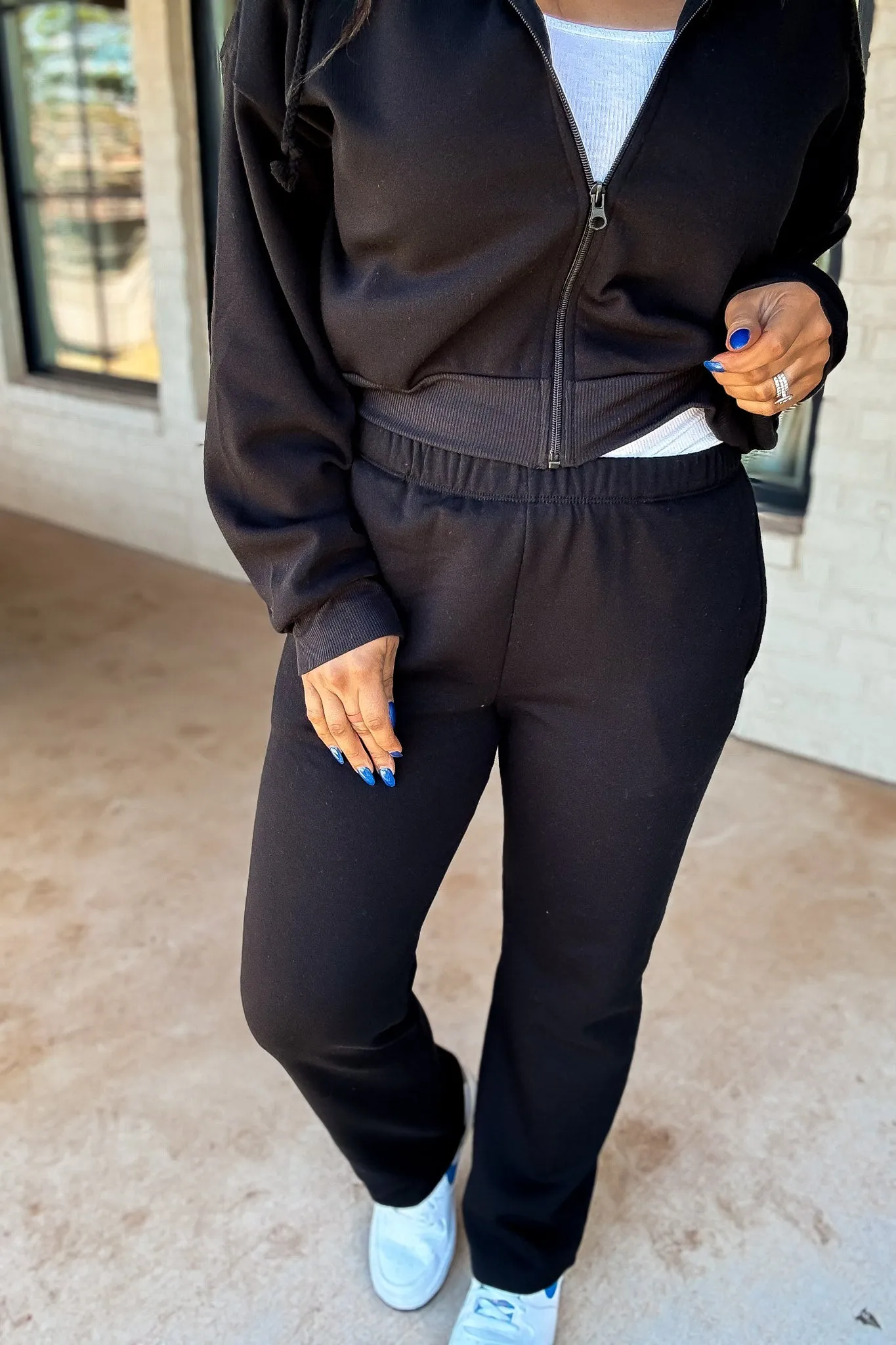 Perfect Pair Black Straight Side Pockets Fleece Sweat Pants