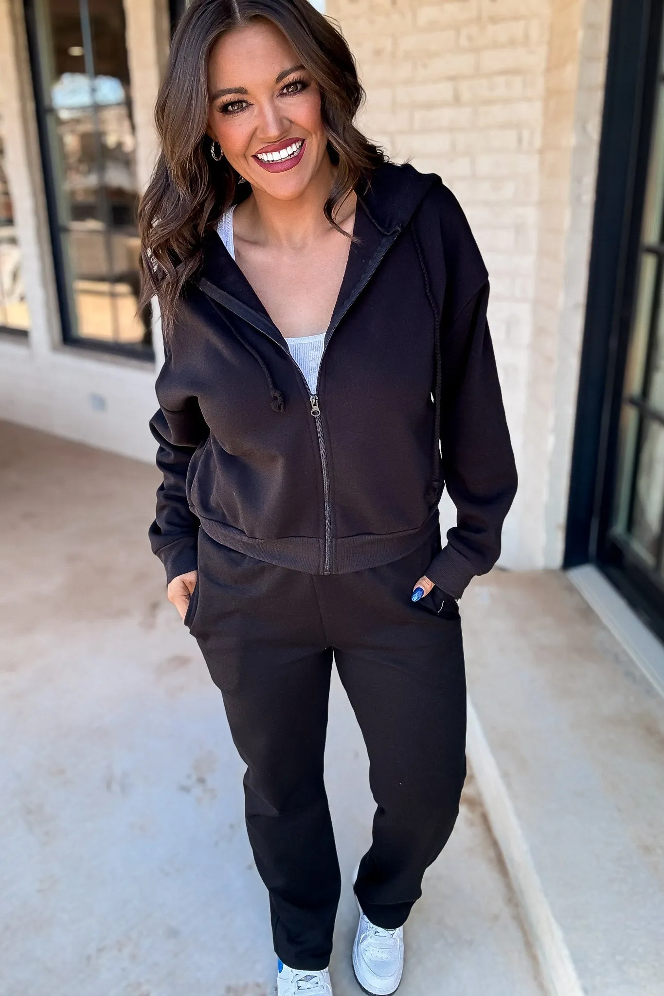 Perfect Pair Black Straight Side Pockets Fleece Sweat Pants