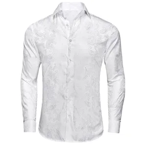 Pure White Paisley Silk Men's Long Sleeve Shirt