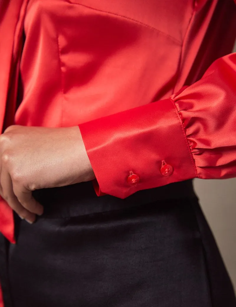 Red Fitted Satin Blouse, single cuff