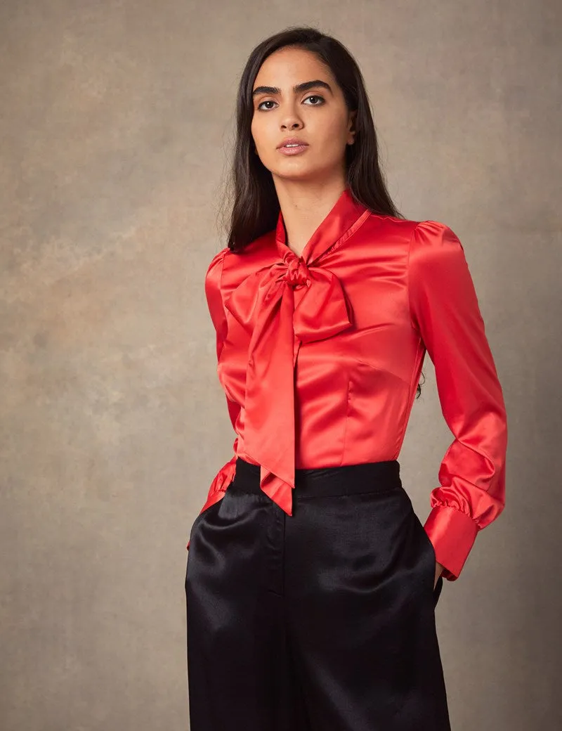 Red Fitted Satin Blouse, single cuff