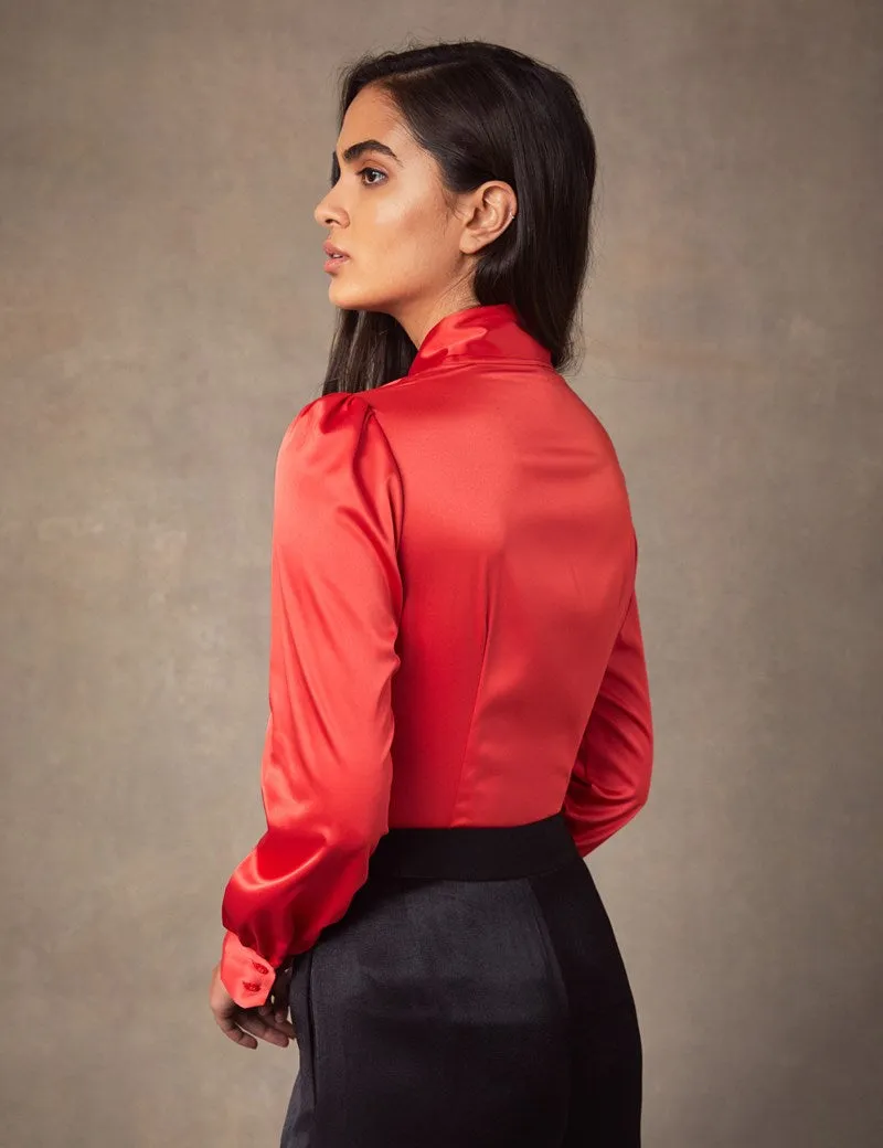 Red Fitted Satin Blouse, single cuff