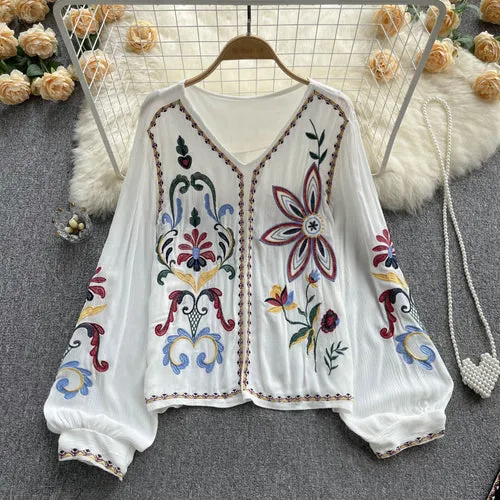 Retro heavy industry embroidered top women's spring and autumn new V-neck loose lantern sleeves ethnic style cotton and linen shirt