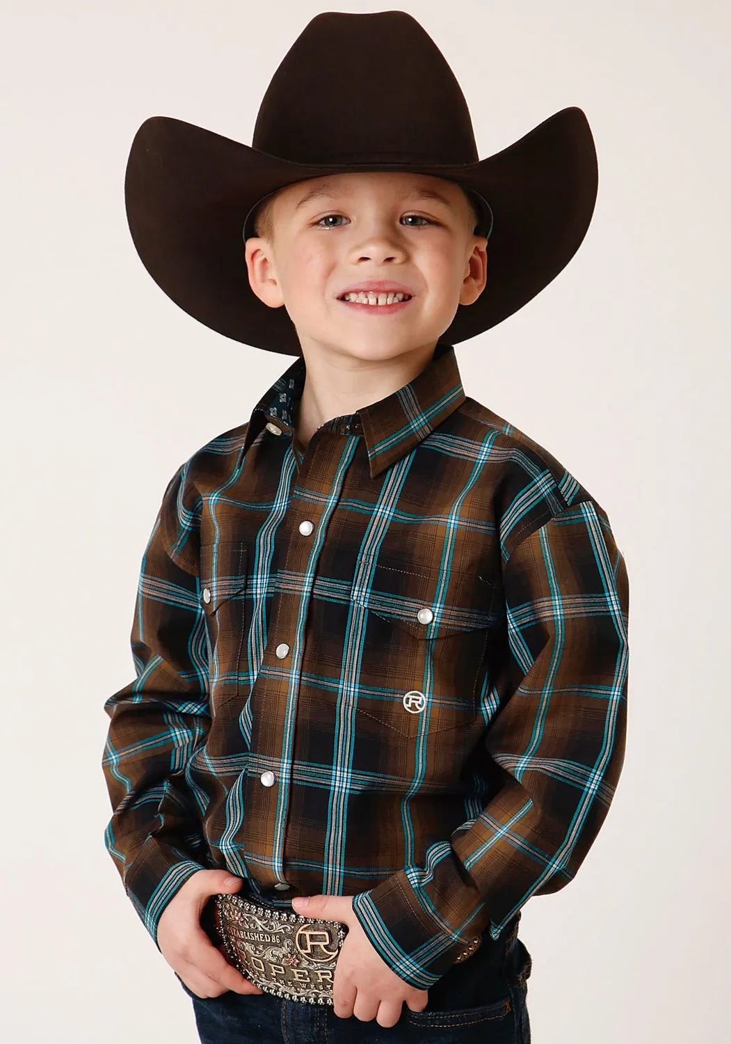 Roper Kids Boys 1375 Plaid Dark Chocolate 100% Cotton L/S Shirt