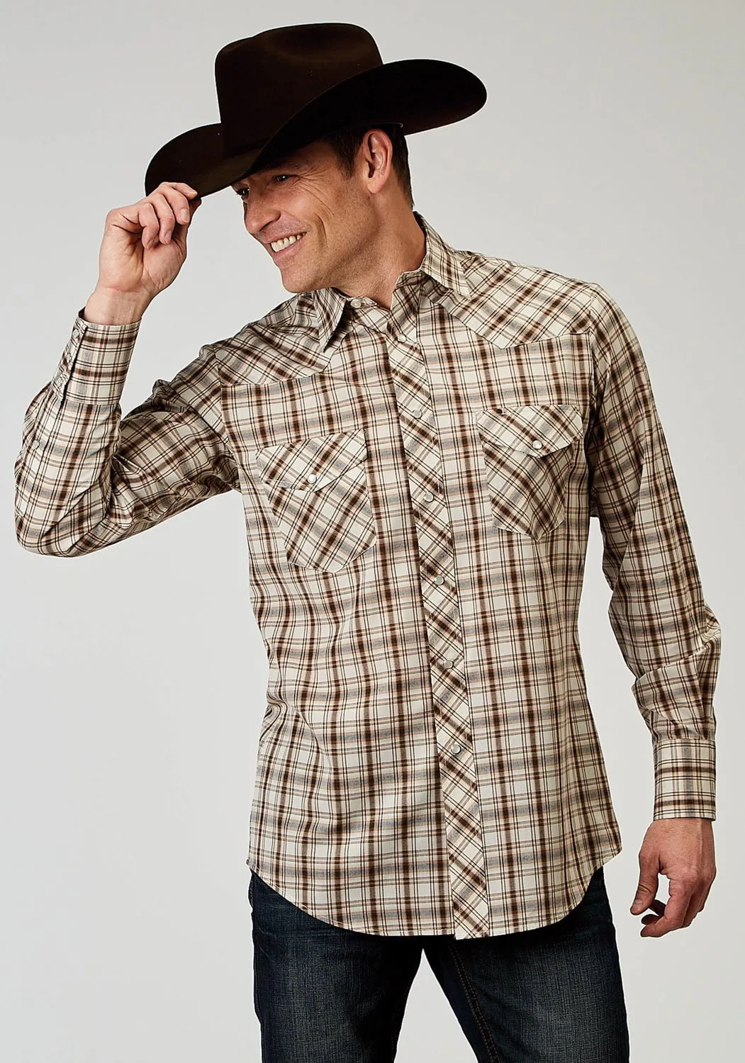 Roper Mens 1968 Desert Plaid Brown Cotton Blend L/S Shirt