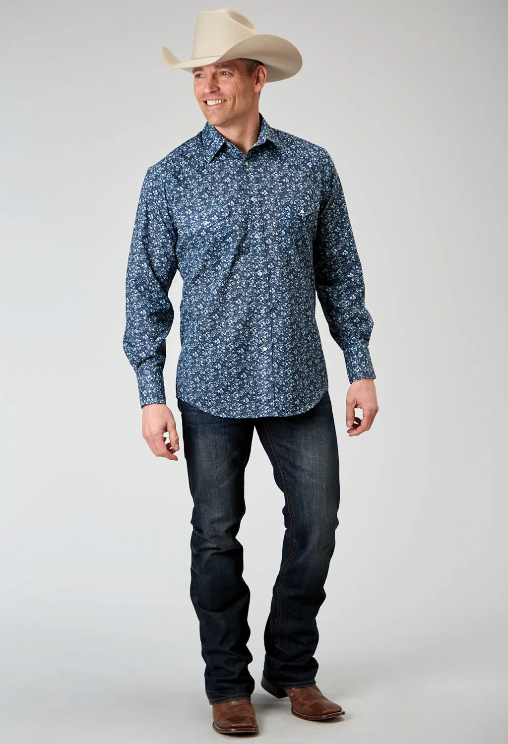 Roper Mens Ditsy Floral Blue Cotton Blend L/S Shirt