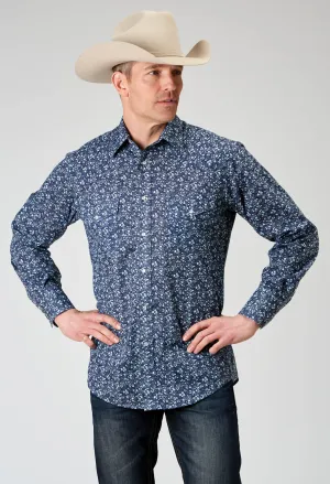 Roper Mens Ditsy Floral Blue Cotton Blend L/S Shirt