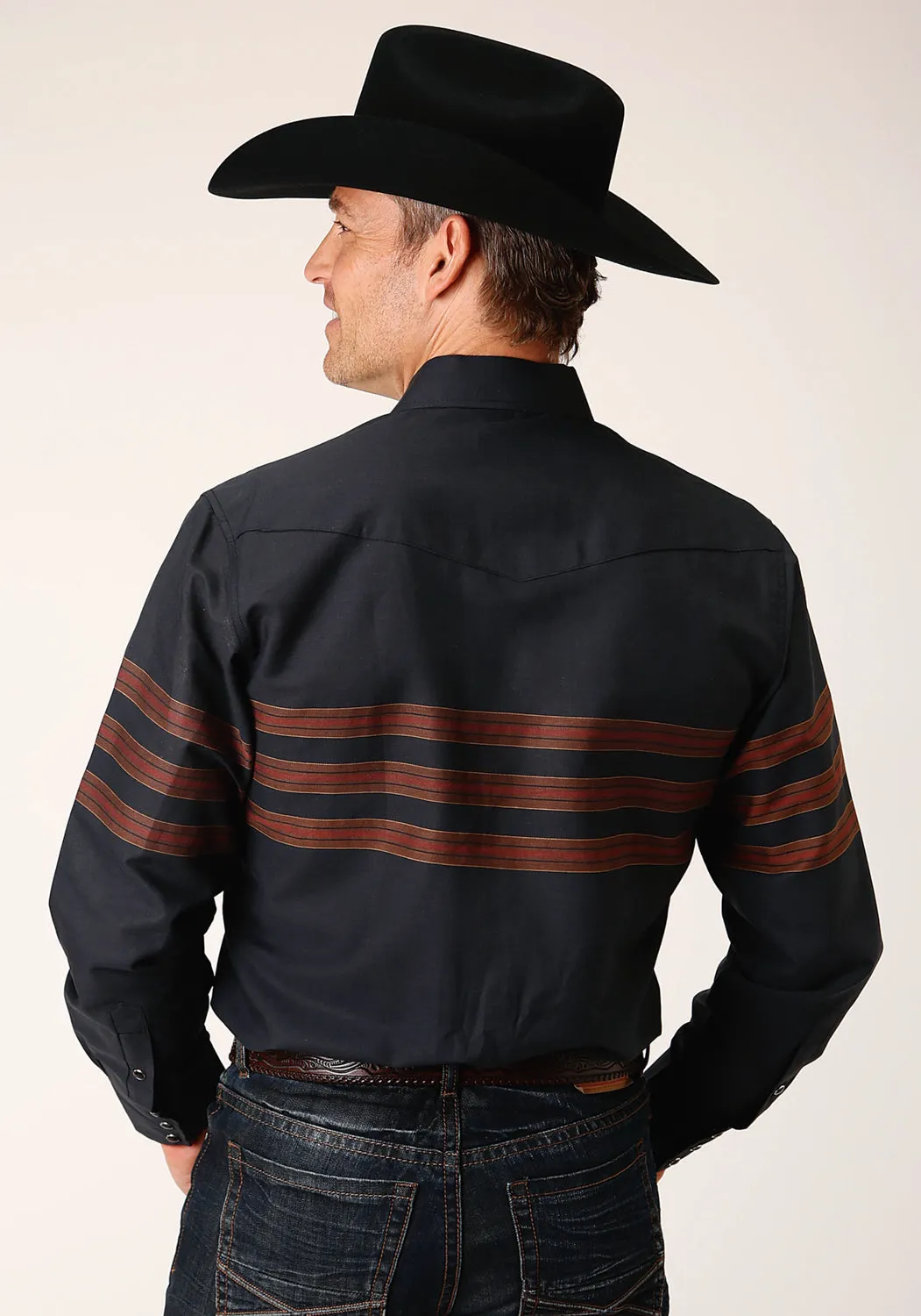 Roper Mens Saddle Border Stripe Black Cotton Blend L/S Shirt