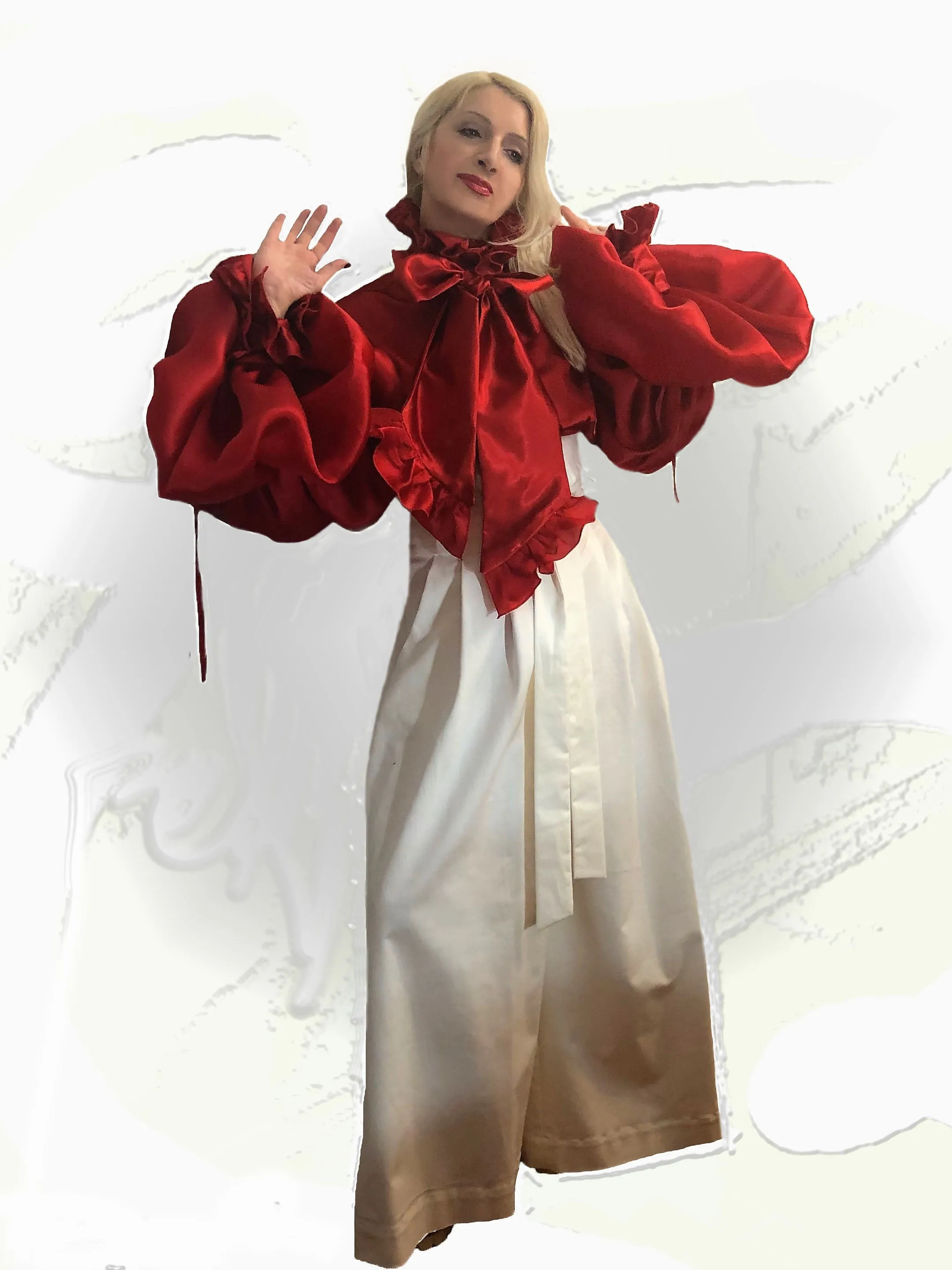 Ruffle -Trimmed Embellished Satin Blouse With  Silk Satin Faced Sleeves