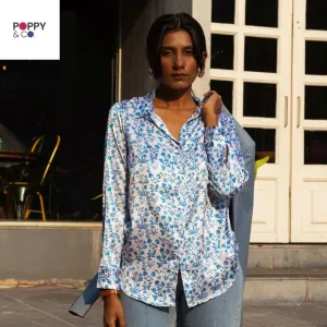 Satin Blue Floral Print Easy Fit Shirt