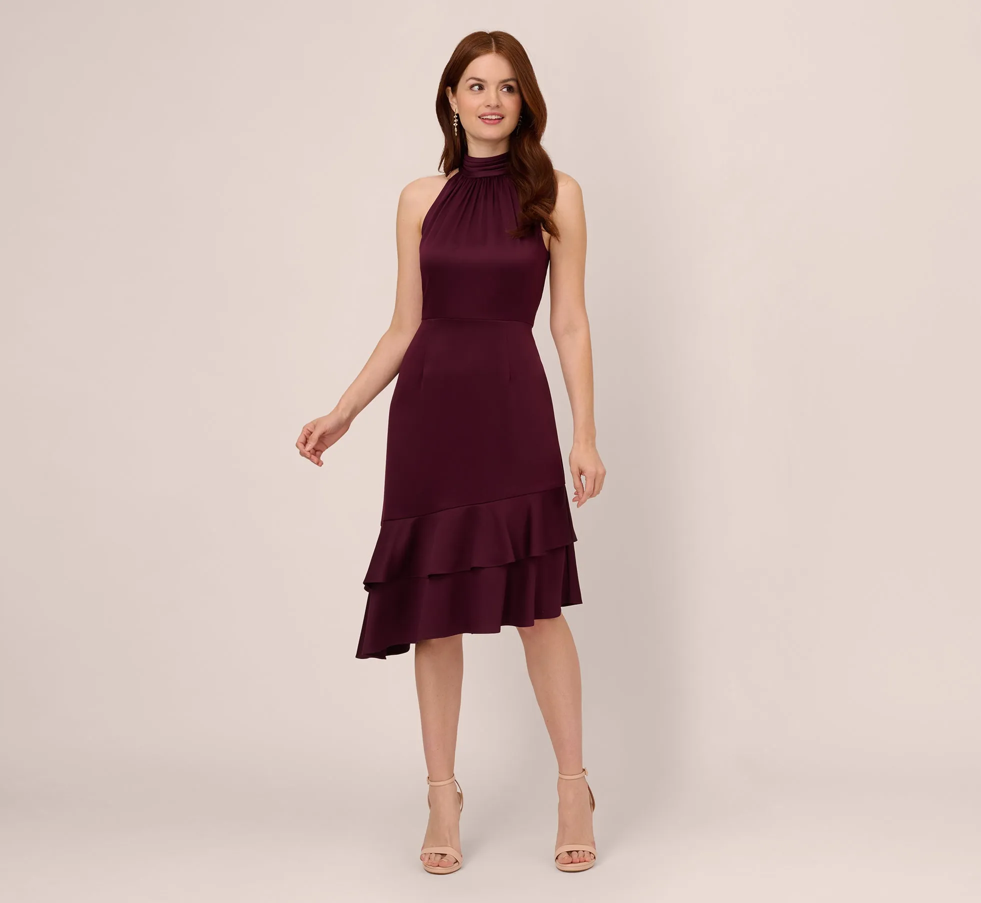 Satin Crepe Halter Midi Dress With Ruffled Hem In Bordeaux Glow