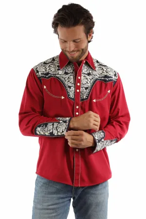 Scully Mens Floral Tooled Embroidery Red/White/Blue Poly/Rayon L/S Shirt