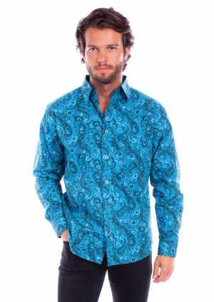 Scully Mens Worn Outs Paisley Aqua 100% Cotton L/S Shirt