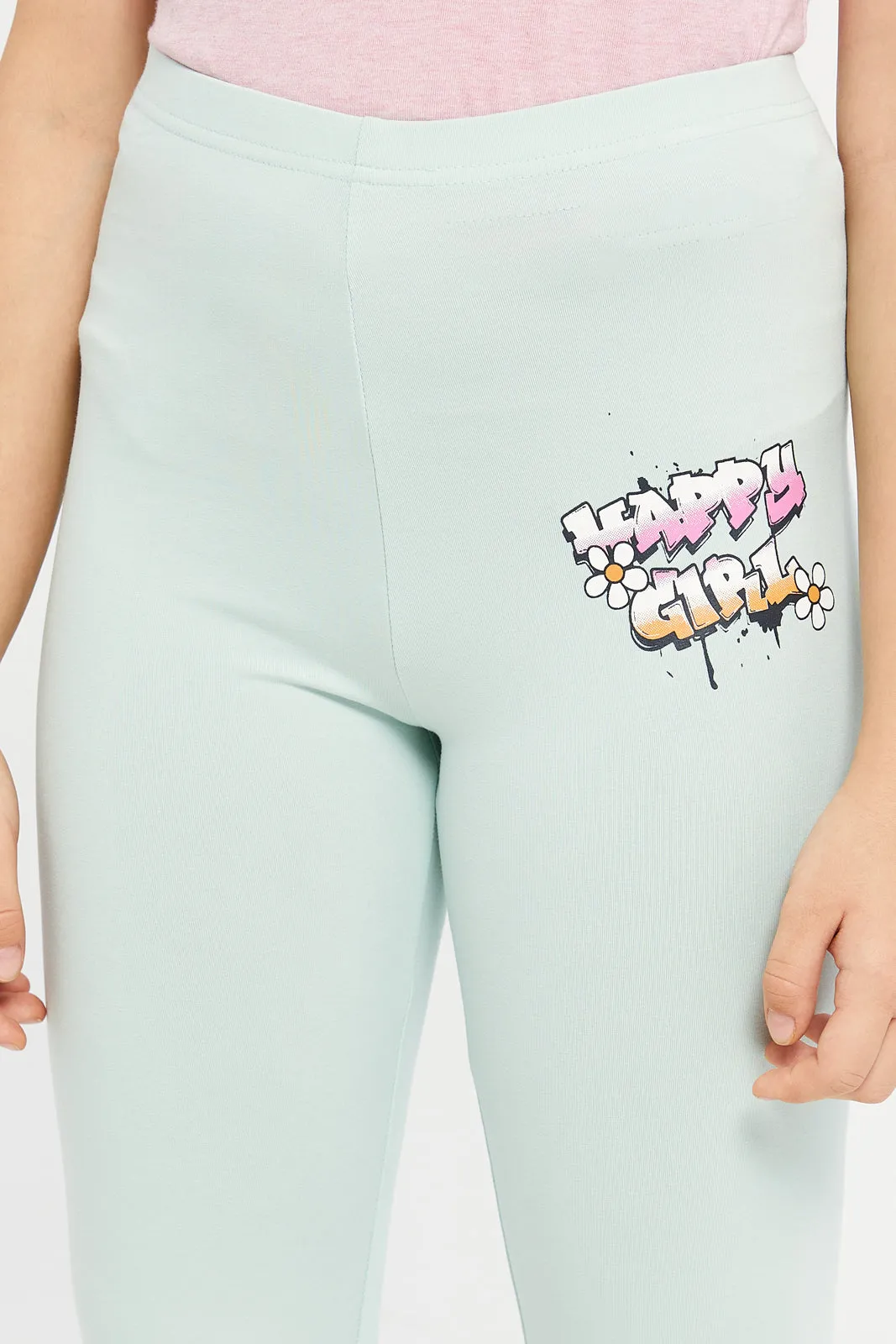 Senior Girls Green Happy Girl Print Leggings