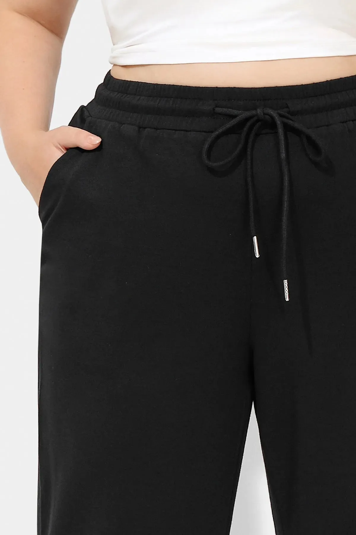 Solid Black Elastic Waist Drawstring Sweatpants