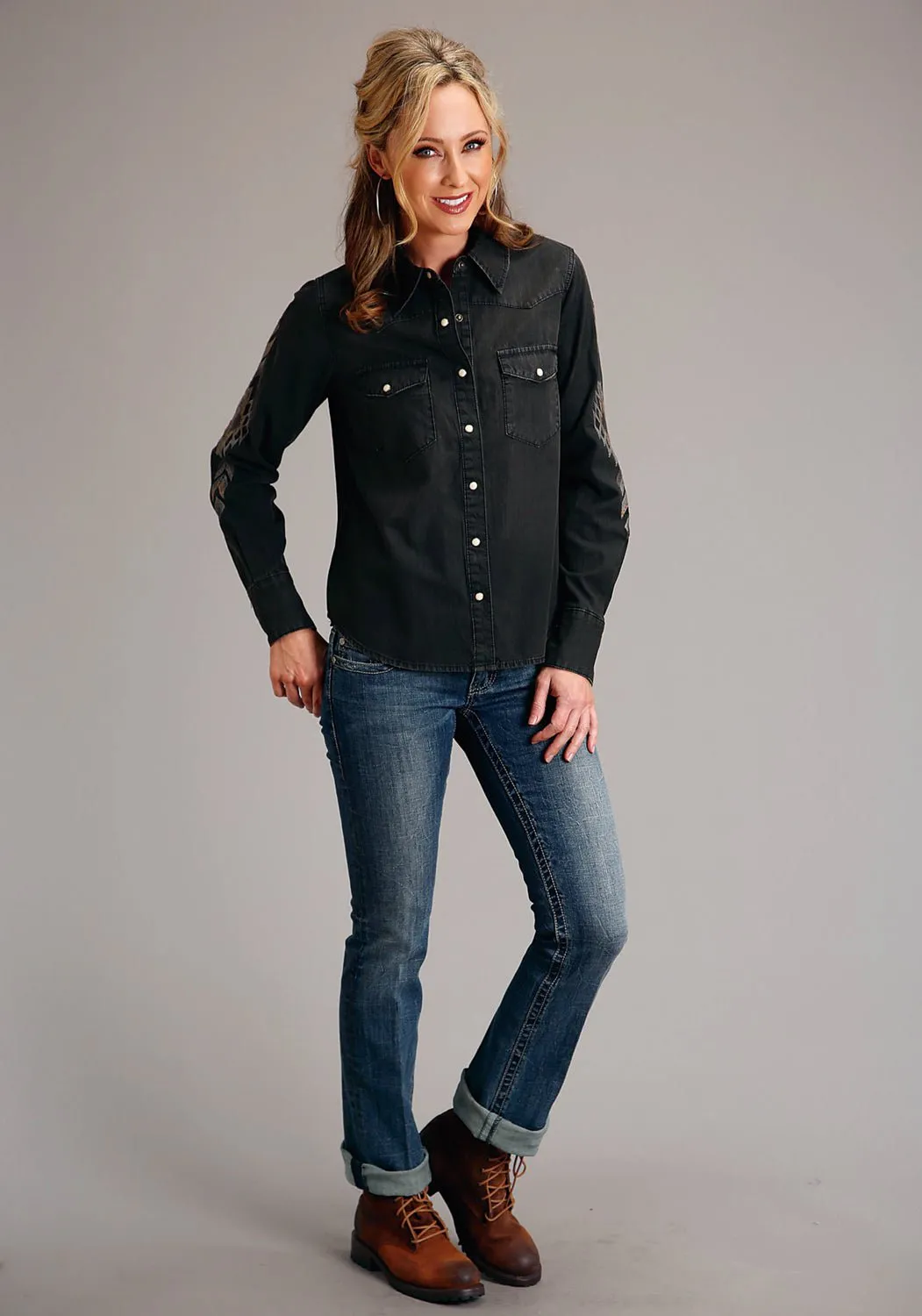 Stetson Womens Boyfriend Fit Denim Black 100% Cotton L/S Shirt