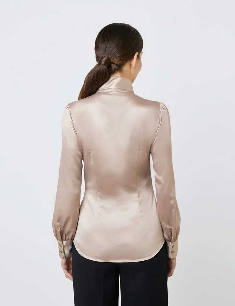 Taupe Fitted Satin Blouse - Pussy Bow