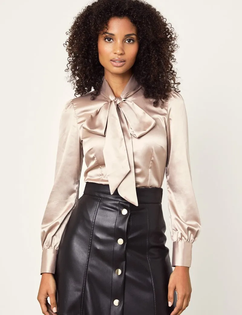 Taupe Fitted Satin Blouse - Pussy Bow