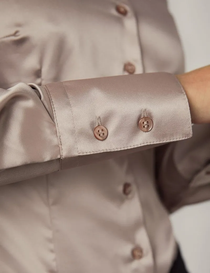 TAUPE FITTED SATIN SHIRT - SINGLE CUFF