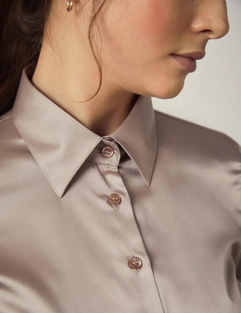 TAUPE FITTED SATIN SHIRT - SINGLE CUFF