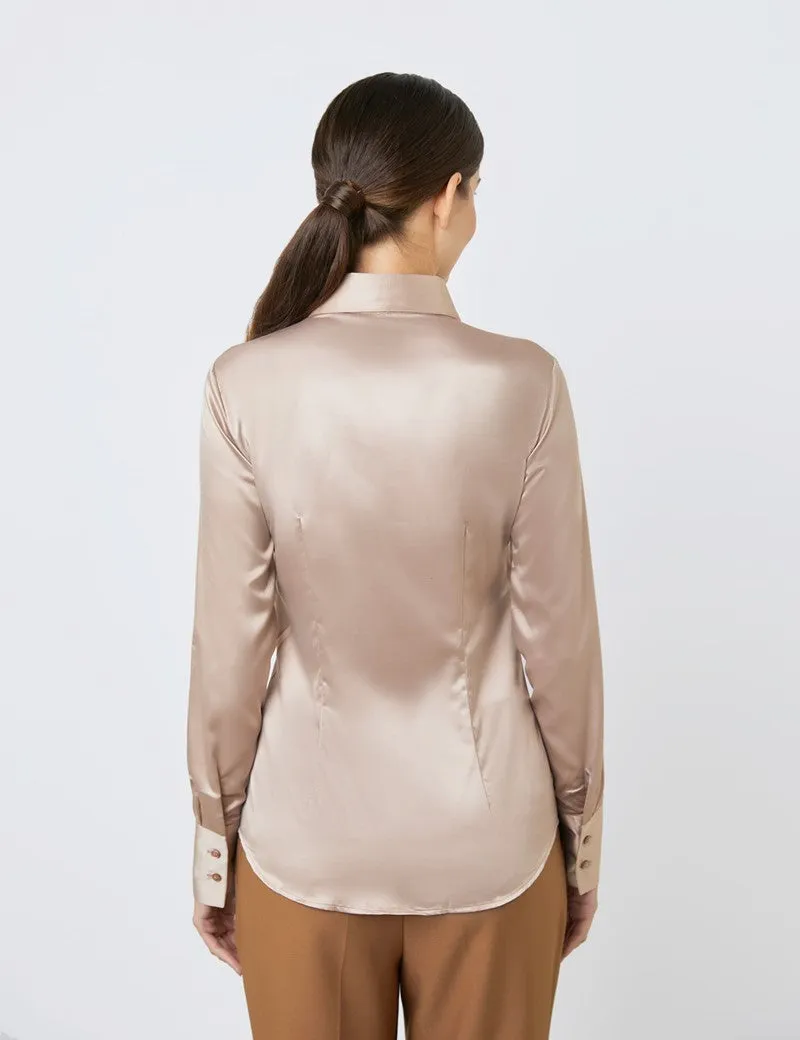 TAUPE FITTED SATIN SHIRT - SINGLE CUFF