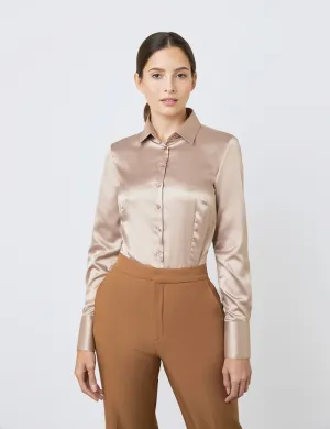 TAUPE FITTED SATIN SHIRT - SINGLE CUFF