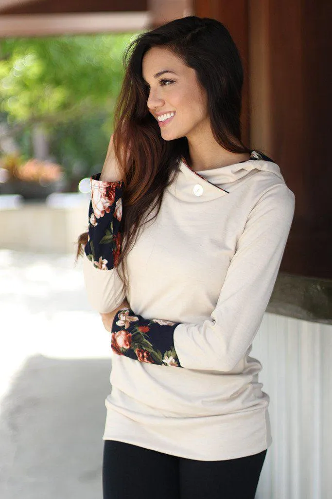 Taupe Floral Tunic With Hoodie