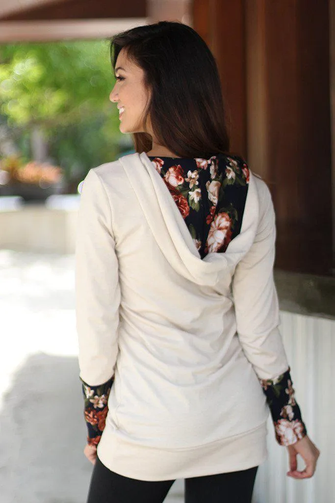 Taupe Floral Tunic With Hoodie