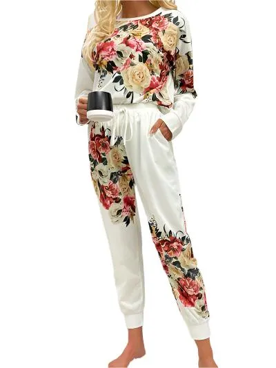 TEEK - White Printed Top and Drawstring Pants Lounge Set