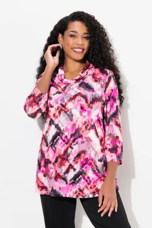 Ulla Popken Cowl Neck Top in Pink Pixel Print