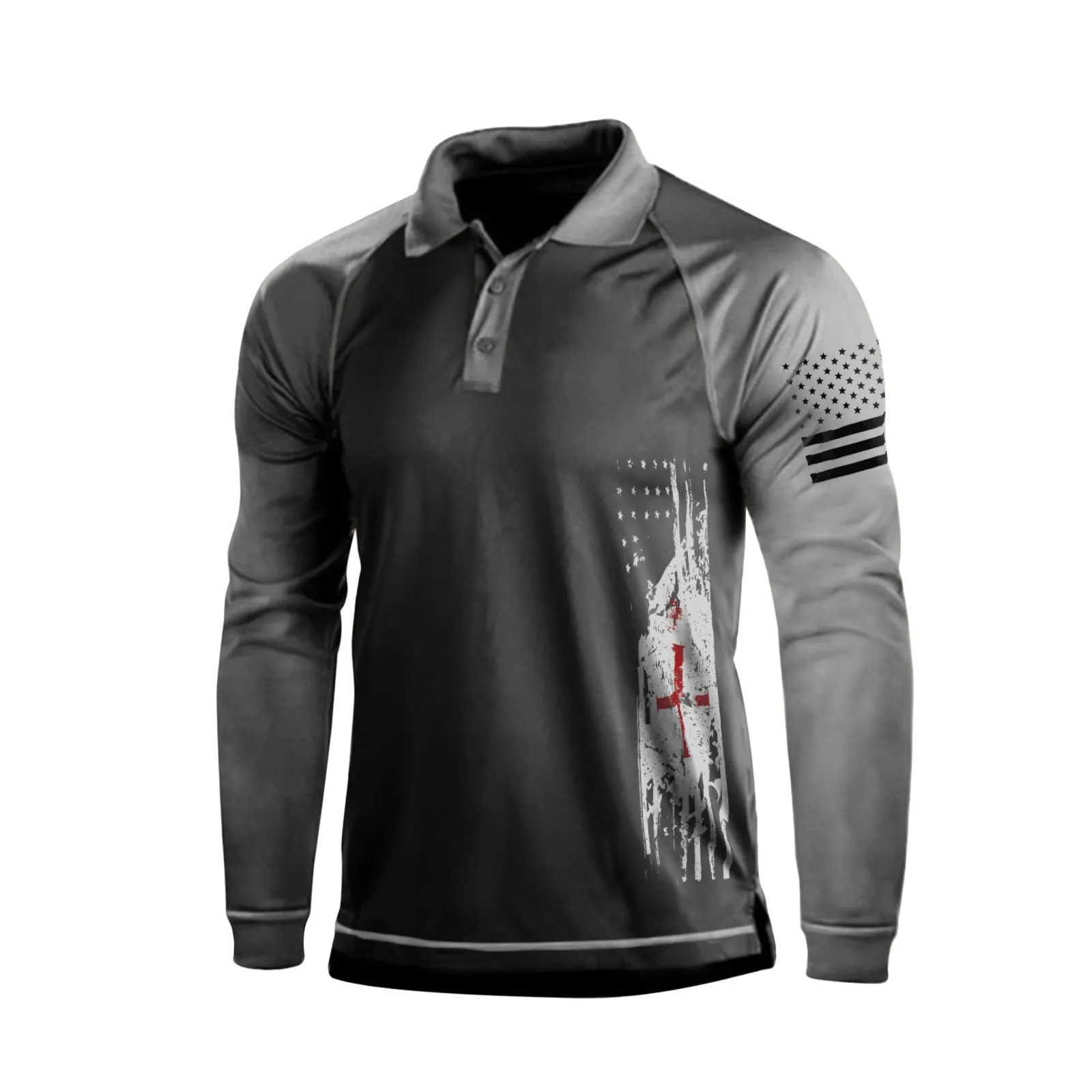 USA FLAG CROSS GRAPHIC RAGLAN LONG SLEEVE POLO SHIRT